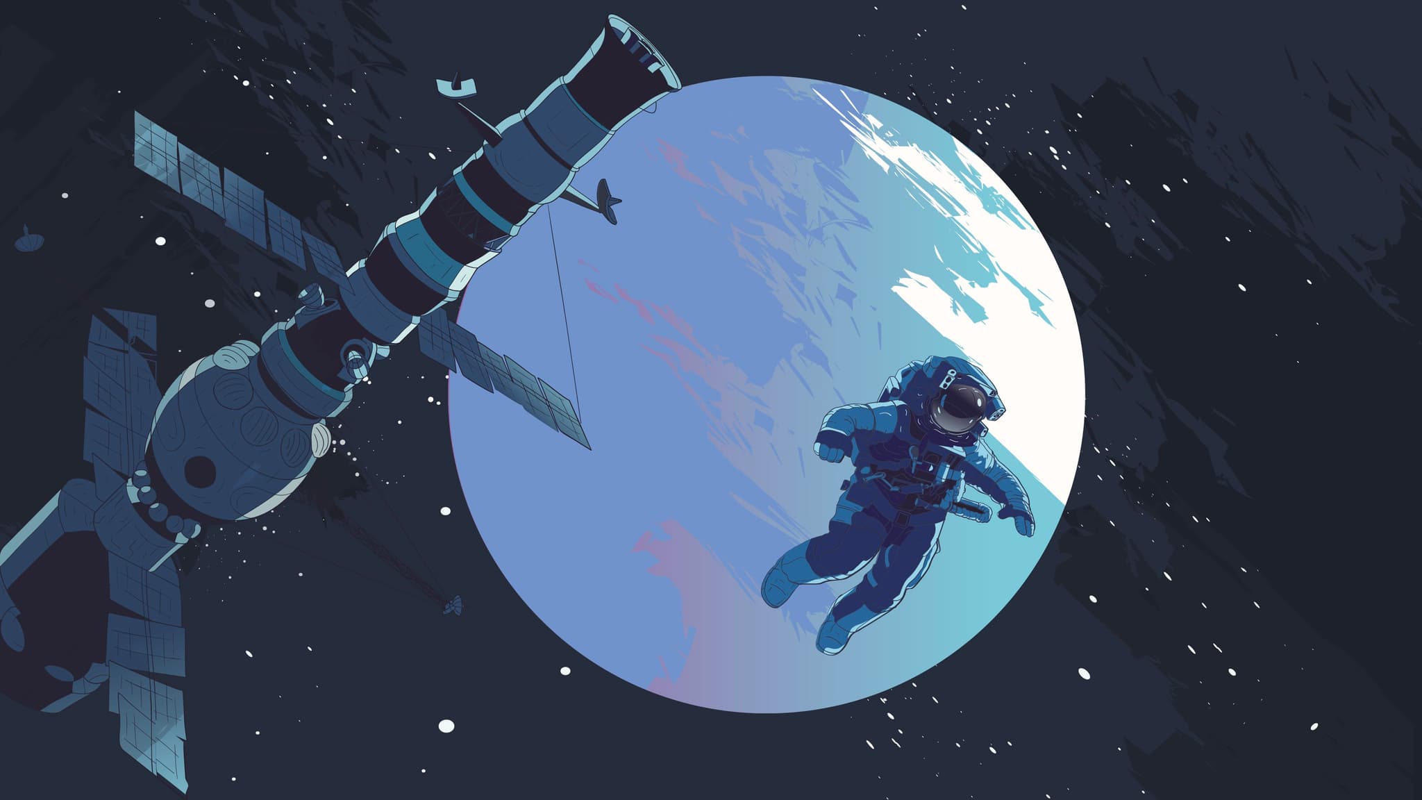 An astronaut floating in space near a satellite, with Earth visible in the background