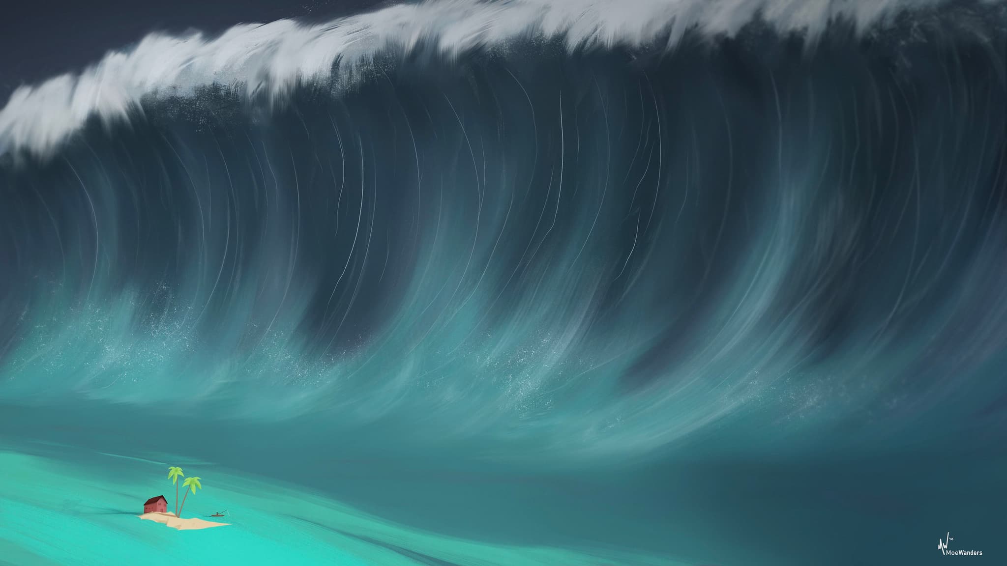 A surfer on a board rides a massive, towering wave in the ocean