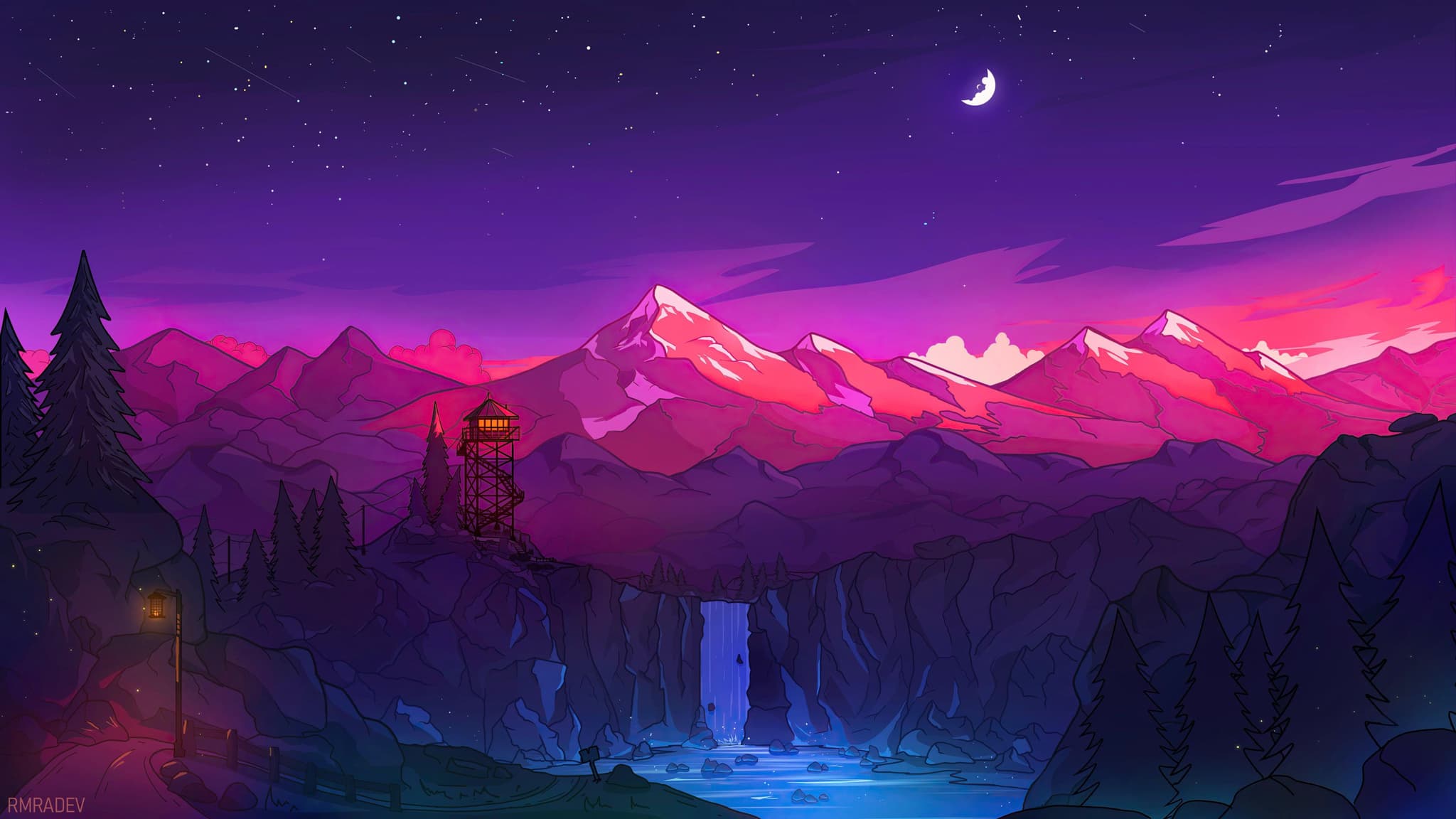 A vibrant, colorful landscape with a crescent moon in the sky, mountains in the background, and a waterfall flowing into a glowing pool surrounded by trees