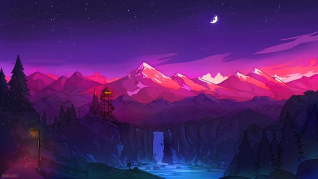 A vibrant, colorful landscape with a crescent moon in the sky, mountains in the background, and a waterfall flowing into a glowing pool surrounded by trees