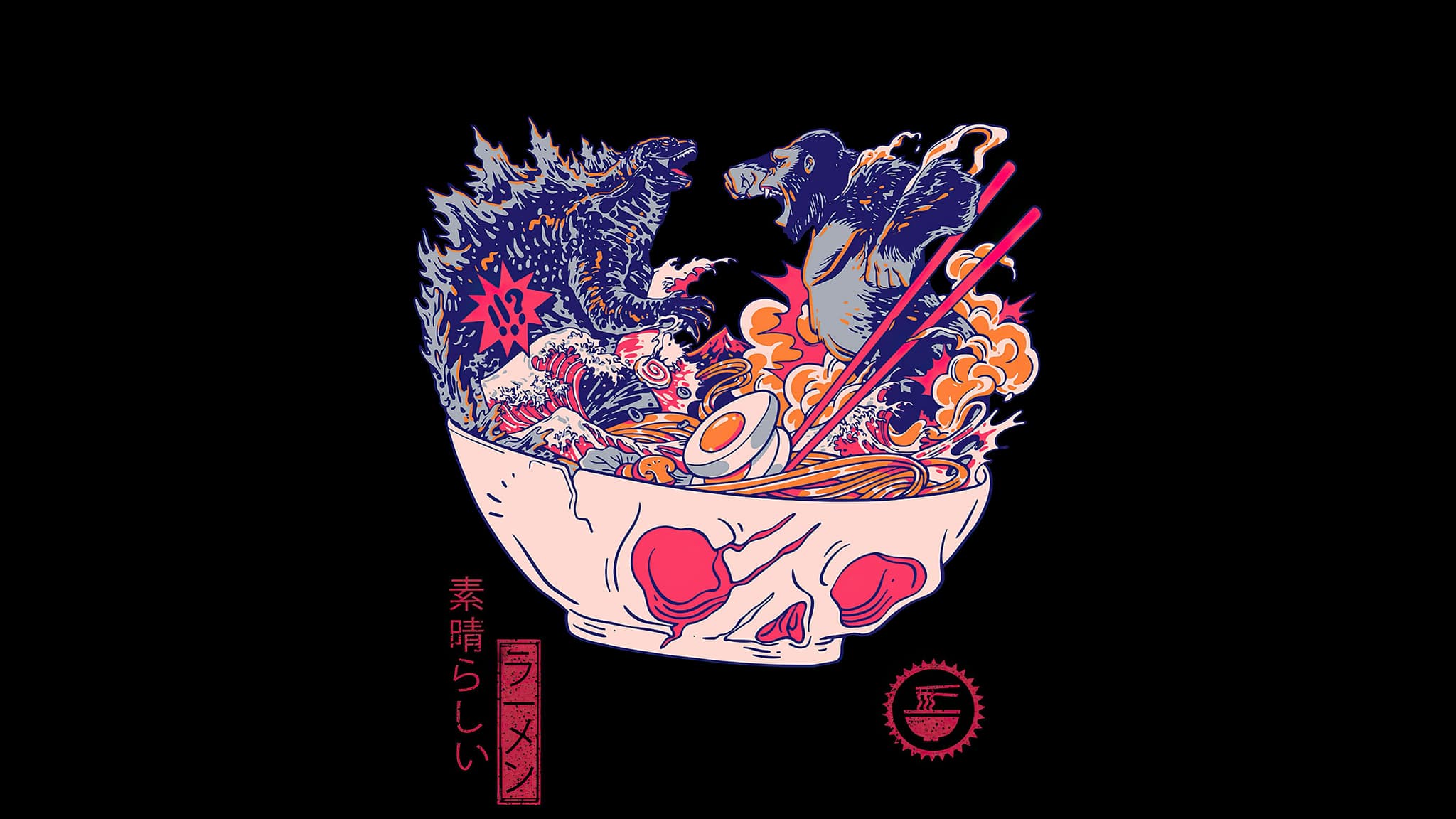 A stylized bowl of ramen with vibrant, artistic elements, including a dragon and various ingredients, set against a black background. Japanese characters are present on the left side